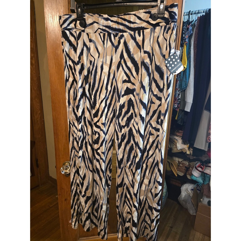 Robert Louis Wide Legged Pants Navy Blue Tan White Print 3X NWT